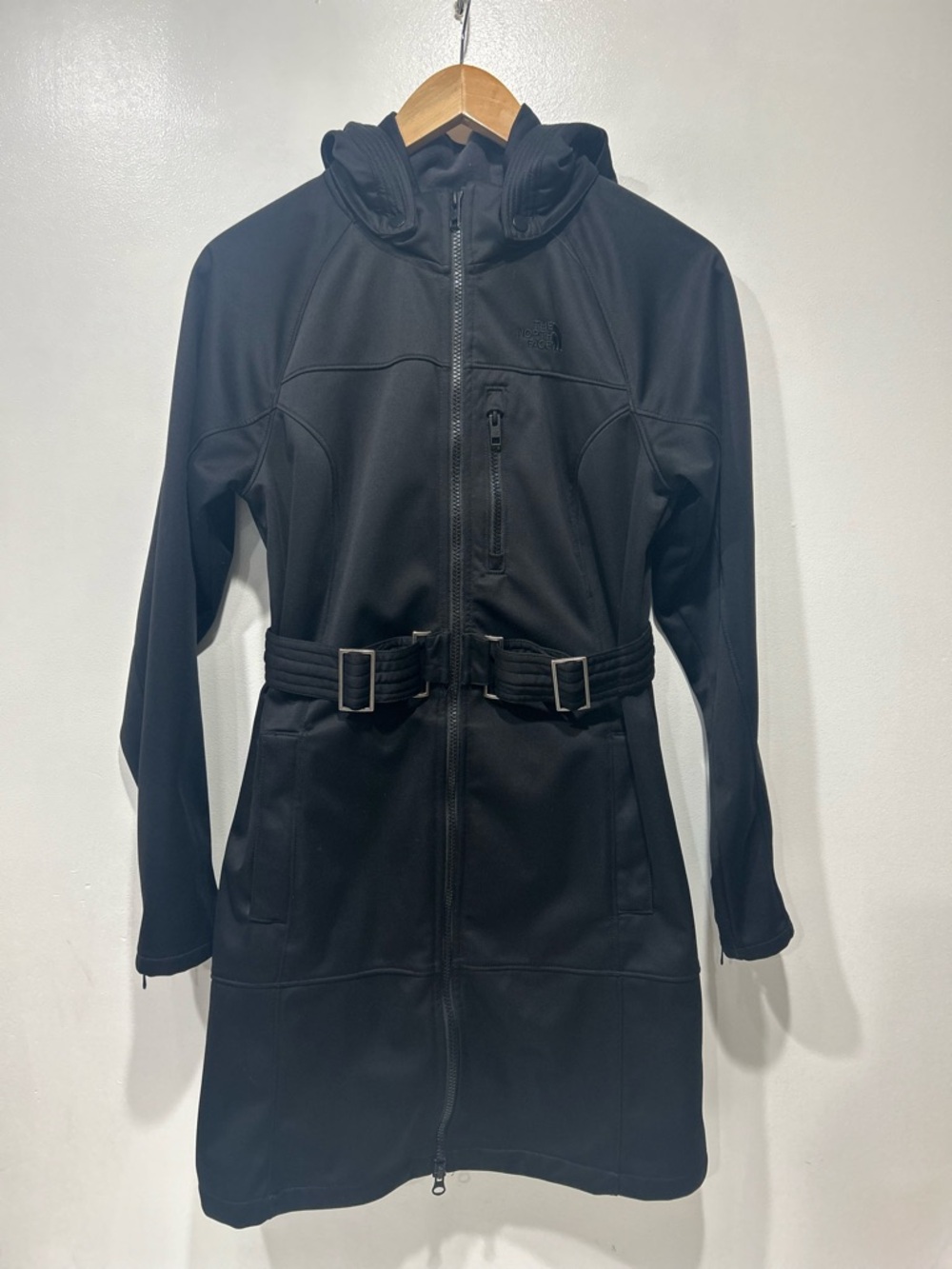The North Face Softshell Jacket Black Removable Hood Adjustable Belt Size S/P